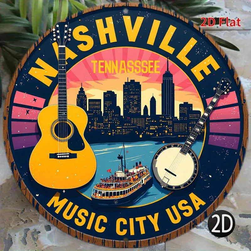 1pc Nashville Tennessee Music City USA Metal Wall Decor - Country Music-Themed Round Sign with Guitar, Banjo, and Skyline - Vint