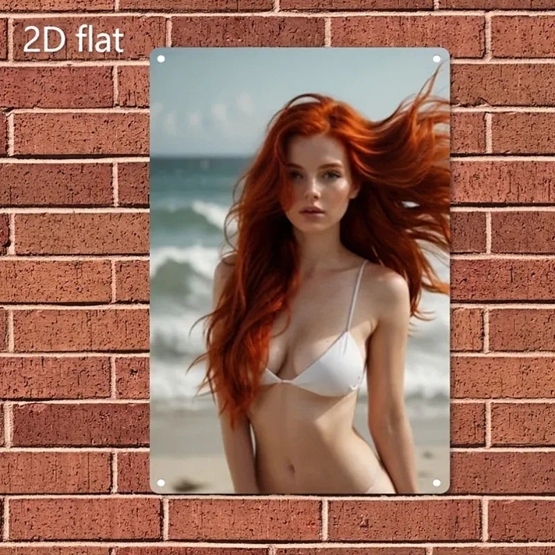 Metal Wall Art Sign - Beach Bikini Lady Poster in Elegant Iron Frame, 2D Home Decor for Living Room, Bar, Cafe, Bedroom - Durabl